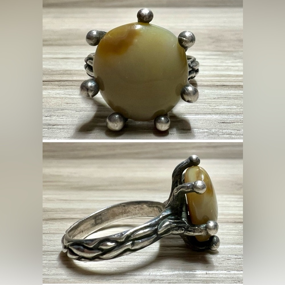 Vintage Handmade Free Form Brutalist High Set Agate Statement Ring, Size 7.5